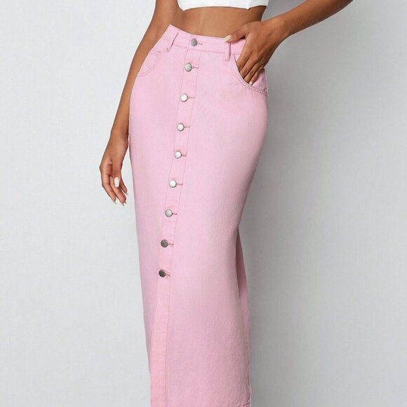 Pink Casual Women's Denim Maxi Skirt - Picture 6 of 7